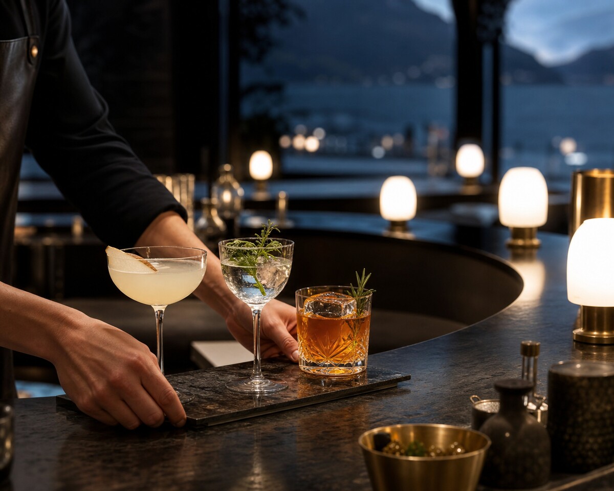 Elegant cocktailservering i opalbaren